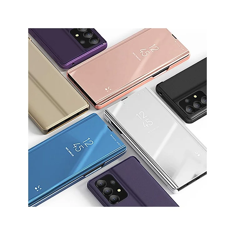 Para Samsung Galaxy A73 5G Capa de telefone com janela de visão PU Leather Smart, Proteção de corpo inteiro Eletroplaqueada, Suporte Flip Mirror - Azul Céu