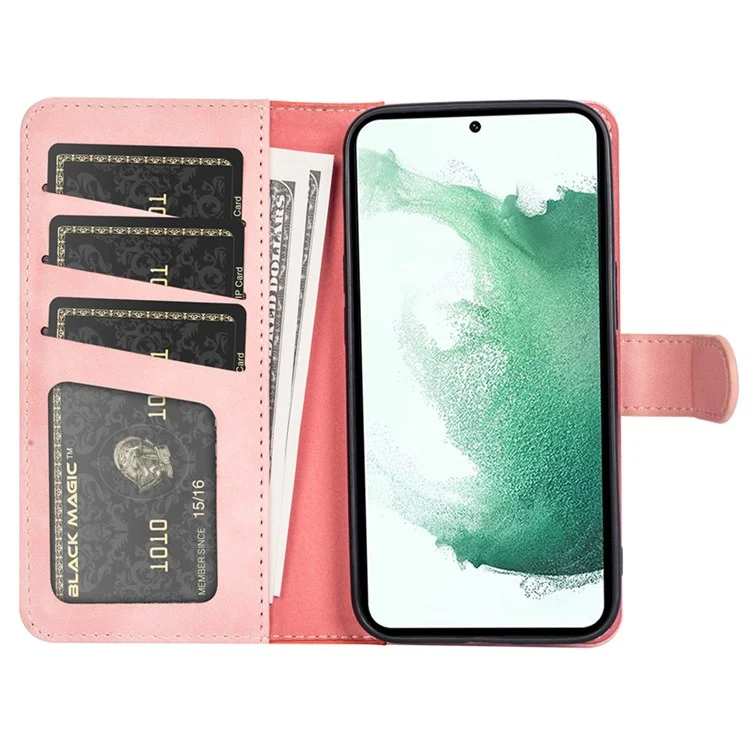 Para Samsung Galaxy S22+ 5G Color Splicing Design Phone Cover Fall Proof PU Leather Stand Wallet Case Shell - Pink