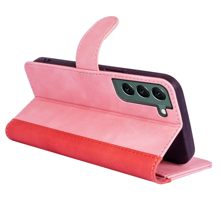 Para Samsung Galaxy S22+ 5G Color Splicing Design Phone Cover Fall Proof PU Leather Stand Wallet Case Shell - Pink