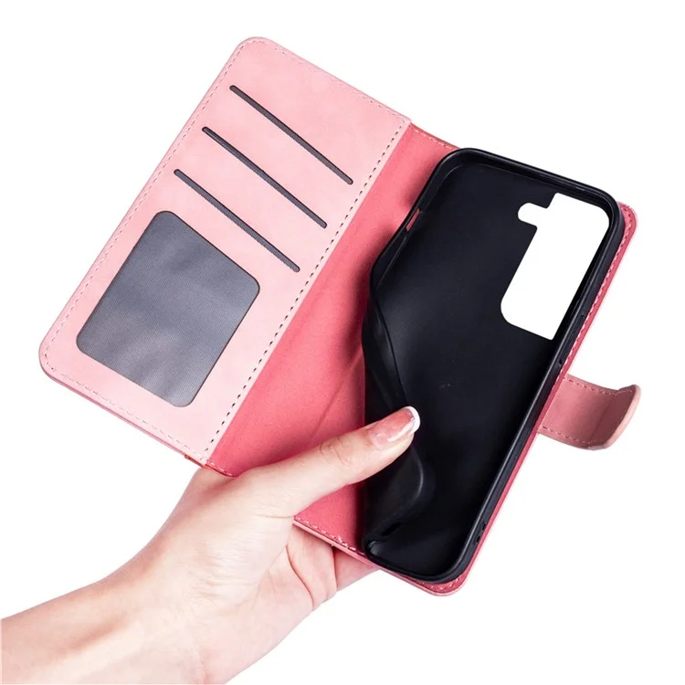 Para Samsung Galaxy S22+ 5G Color Splicing Design Phone Cover Fall Proof PU Leather Stand Wallet Case Shell - Pink
