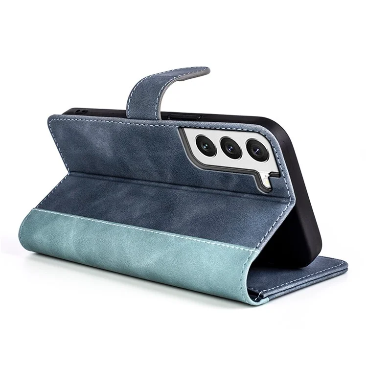 Pour Samsung Galaxy S22 5G Couleur Conception Splicing Phone Cover Bump Proof PU Leather Stand Wallet Case Shell - Bleu