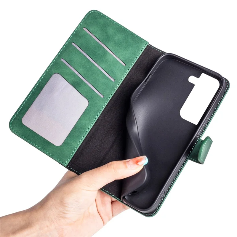 Voor Samsung Galaxy S22 5G Kleurcombinatie Design Telefoonhoesje Stootvrij PU Leren Stand Wallet Hoes - Groen