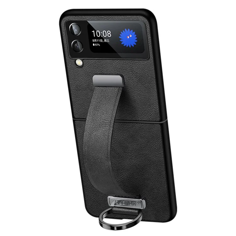 Série de Mode Sulada Pour Samsung Galaxy Z Flip3 5G Kickstand Crazy Horse Texture Electroplate en Cuir Revêtu PC Téléphone Avec Bracelet - le Noir