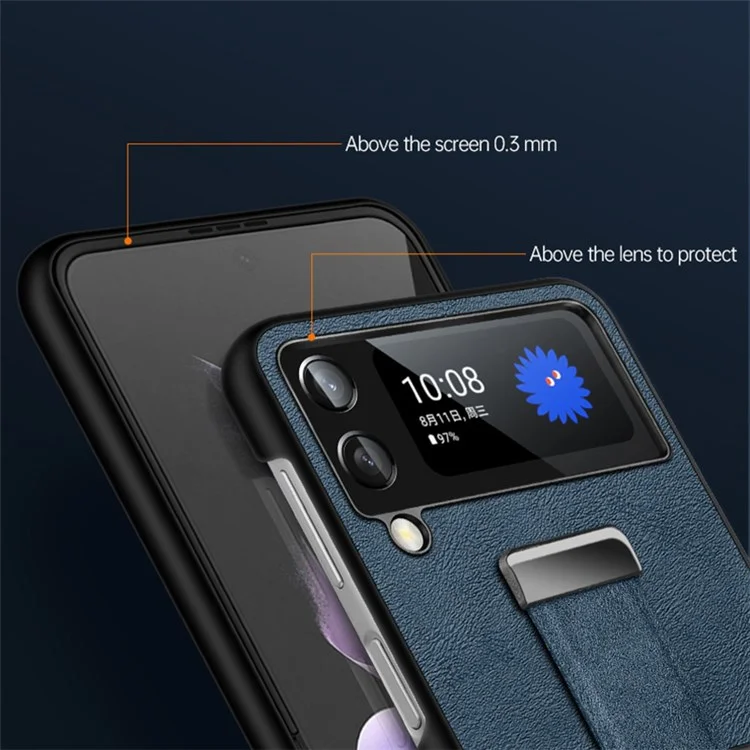 Série de Mode Sulada Pour Samsung Galaxy Z Flip3 5G Kickstand Crazy Horse Texture Electroplate en Cuir Revêtu PC Téléphone Avec Bracelet - le Noir