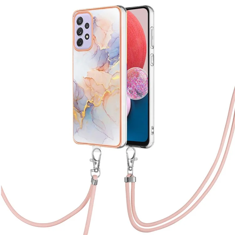 YB IMD Series-4 For Samsung Galaxy A13 4G Ultra-slim Wear-resistant IMD IML Electroplating Marble Flower Pattern Soft TPU Cell Phone Case with Lanyard - Milky Way Marble White