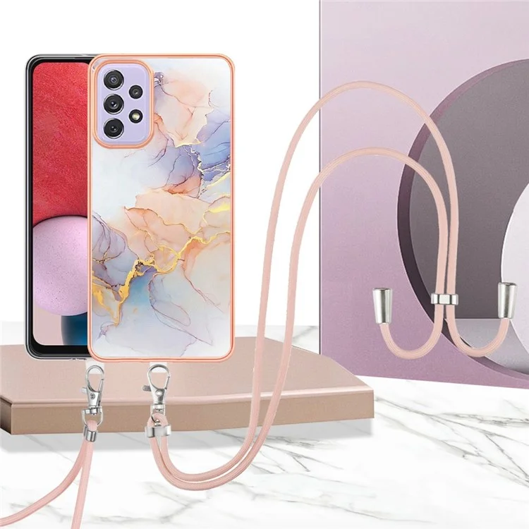 For Samsung Galaxy A13 4G Case with Lanyard IMD Marble Pattern Electroplated TPU Back Cover - Milky Way Marble White