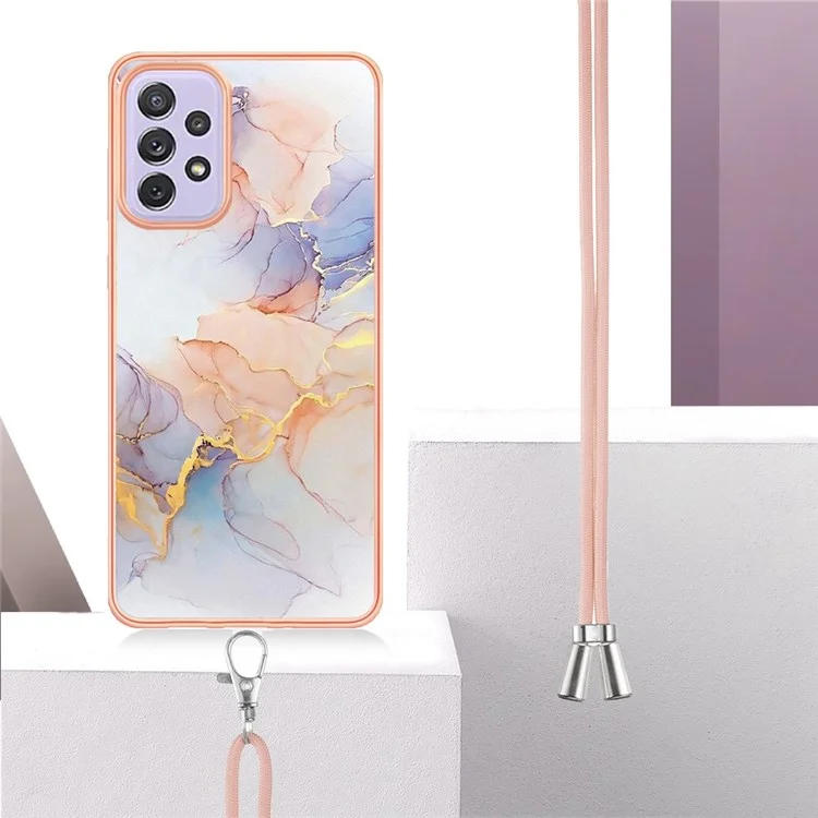 For Samsung Galaxy A13 4G Case with Lanyard IMD Marble Pattern Electroplated TPU Back Cover - Milky Way Marble White