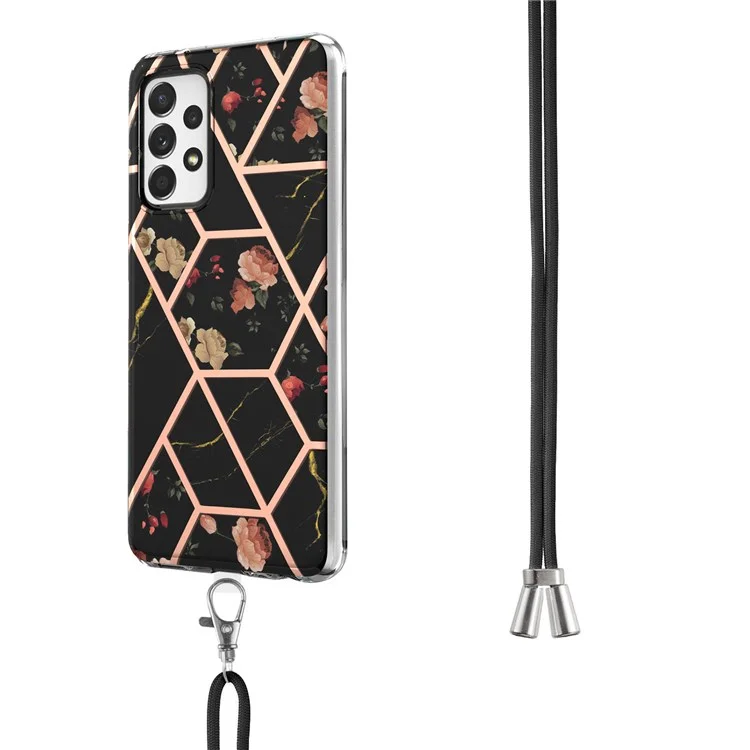 YB IMD Serie-4 para Samsung Galaxy A13 4G Ultra-delgado Resistente al desgaste IMD IML Enchapado de flores de mármol Patrón de flores suaves Funda de TPU para teléfono celular con cordón - Flores negras