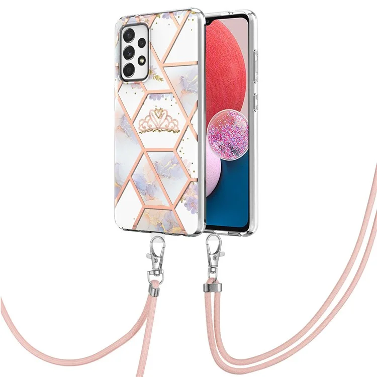 YB IMD Series-4 For Samsung Galaxy A13 4G Ultra-slim Wear-resistant IMD IML Electroplating Marble Flower Pattern Soft TPU Cell Phone Case with Lanyard - Crown