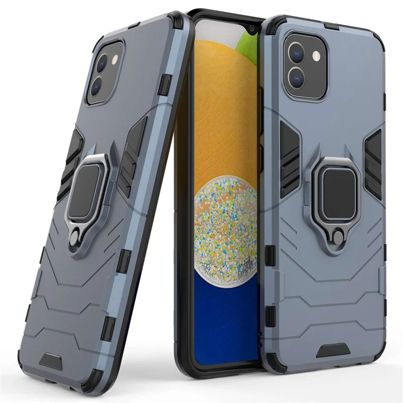 For Samsung Galaxy A03 (166.5mm) TPU+PC Shockproof Protection Case Military Grade Armor Ring Holder Back Cover - Blue