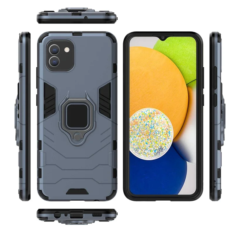 For Samsung Galaxy A03 (166.5mm) TPU+PC Shockproof Protection Case Military Grade Armor Ring Holder Back Cover - Blue