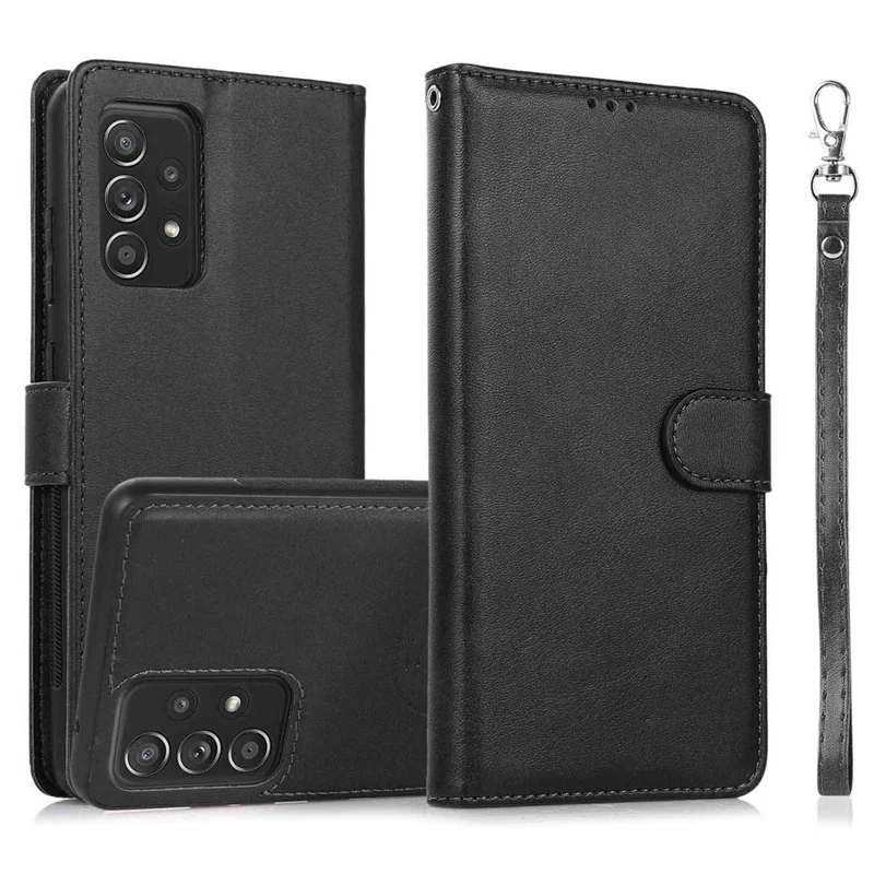 For Samsung Galaxy A32 5G/M32 5G Magnetic Detachable 2-in-1 PU Leather Case Stand Feature Wallet Shockproof Removable Phone Cover with Wrist Strap - Black