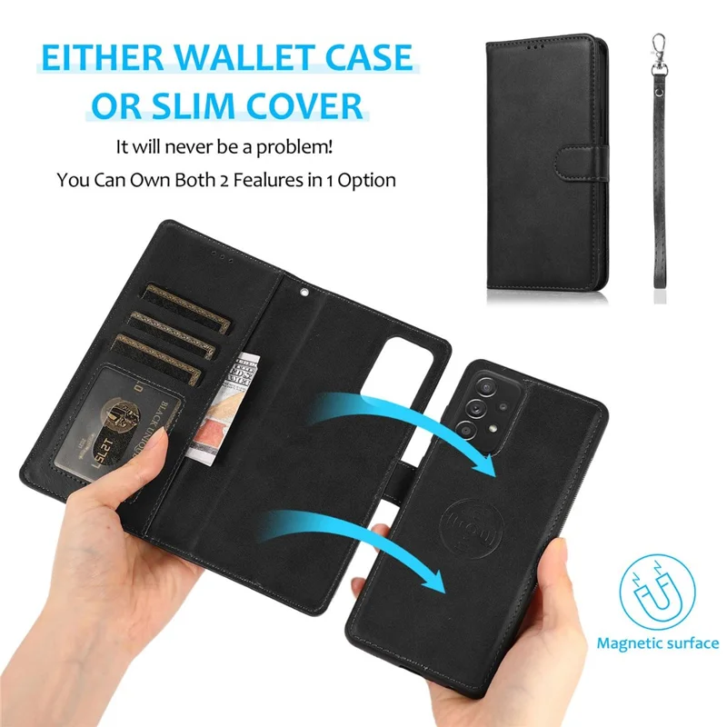 For Samsung Galaxy A32 5G/M32 5G Magnetic Detachable 2-in-1 PU Leather Case Stand Feature Wallet Shockproof Removable Phone Cover with Wrist Strap - Black