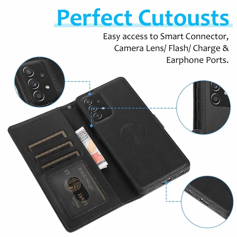 For Samsung Galaxy A32 5G/M32 5G Magnetic Detachable 2-in-1 PU Leather Case Stand Feature Wallet Shockproof Removable Phone Cover with Wrist Strap - Black