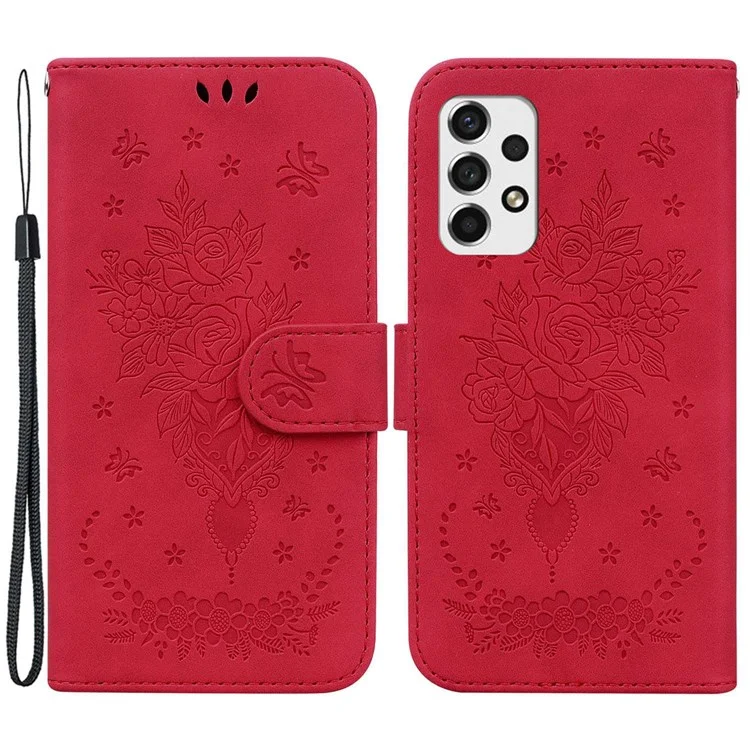 Для Samsung Galaxy A33 5G Stand Wallet Flip Leather Case Imprinting Roses Butterflies Pattern Phone Cover - Red