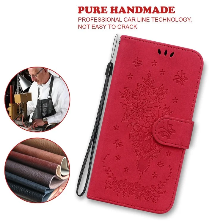 Для Samsung Galaxy A33 5G Stand Wallet Flip Leather Case Imprinting Roses Butterflies Pattern Phone Cover - Red