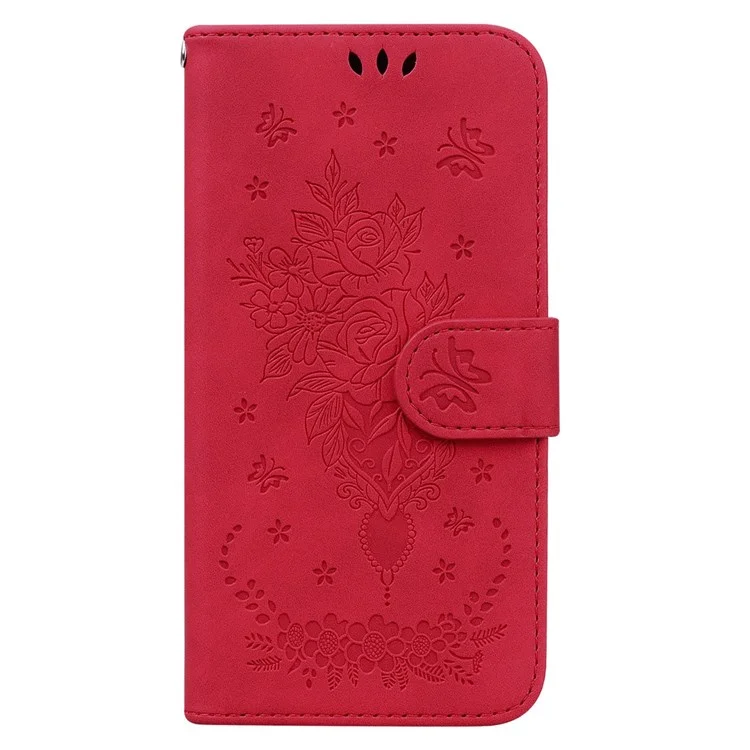 Для Samsung Galaxy A33 5G Stand Wallet Flip Leather Case Imprinting Roses Butterflies Pattern Phone Cover - Red