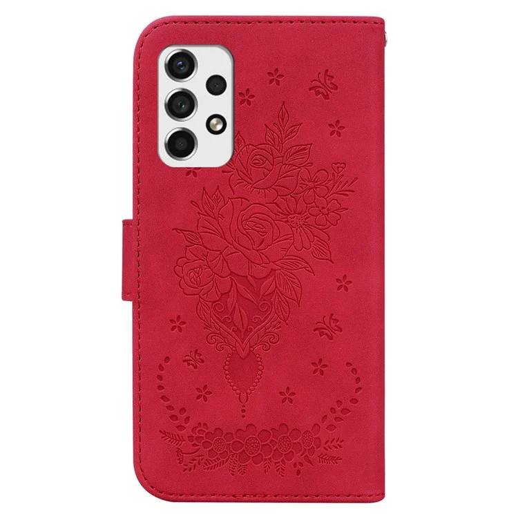 Для Samsung Galaxy A33 5G Stand Wallet Flip Leather Case Imprinting Roses Butterflies Pattern Phone Cover - Red