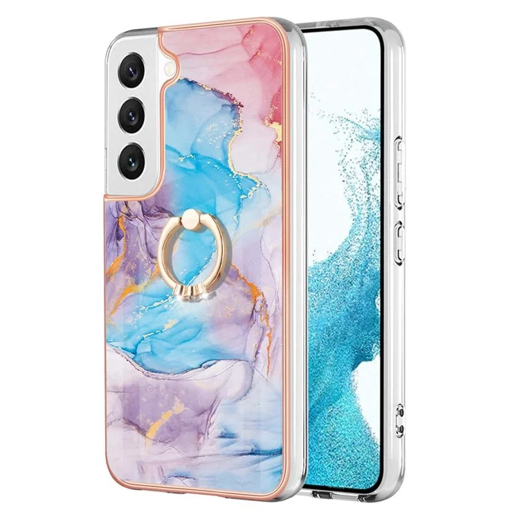 For Samsung Galaxy S22 5G Case with Ring Kickstand IMD Marble Pattern TPU Back Cover - Milky Way Marble Blue