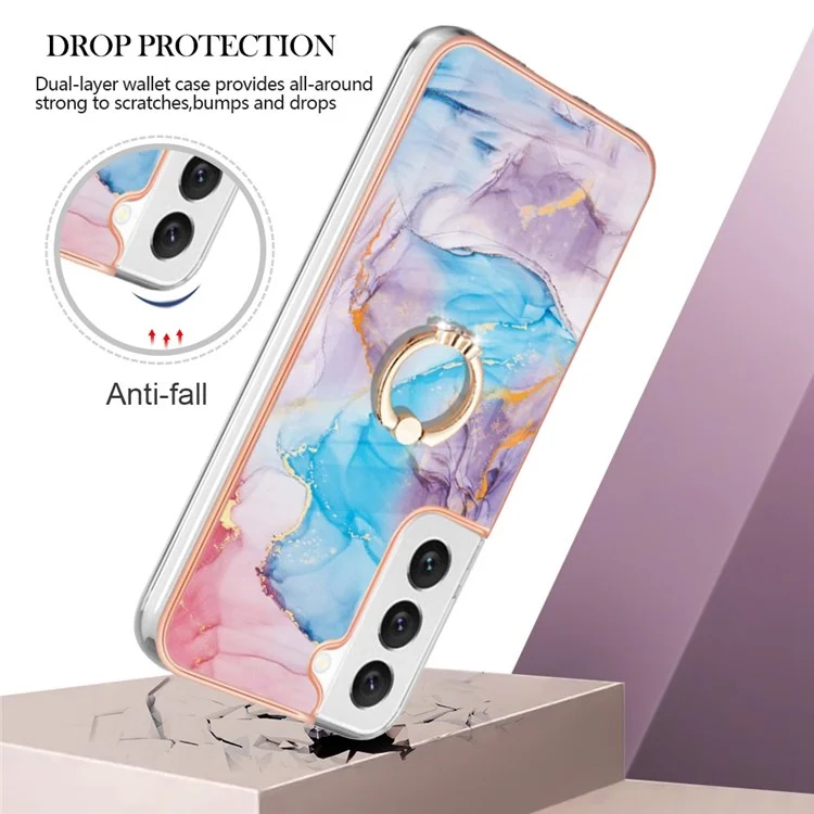 For Samsung Galaxy S22 5G Case with Ring Kickstand IMD Marble Pattern TPU Back Cover - Milky Way Marble Blue