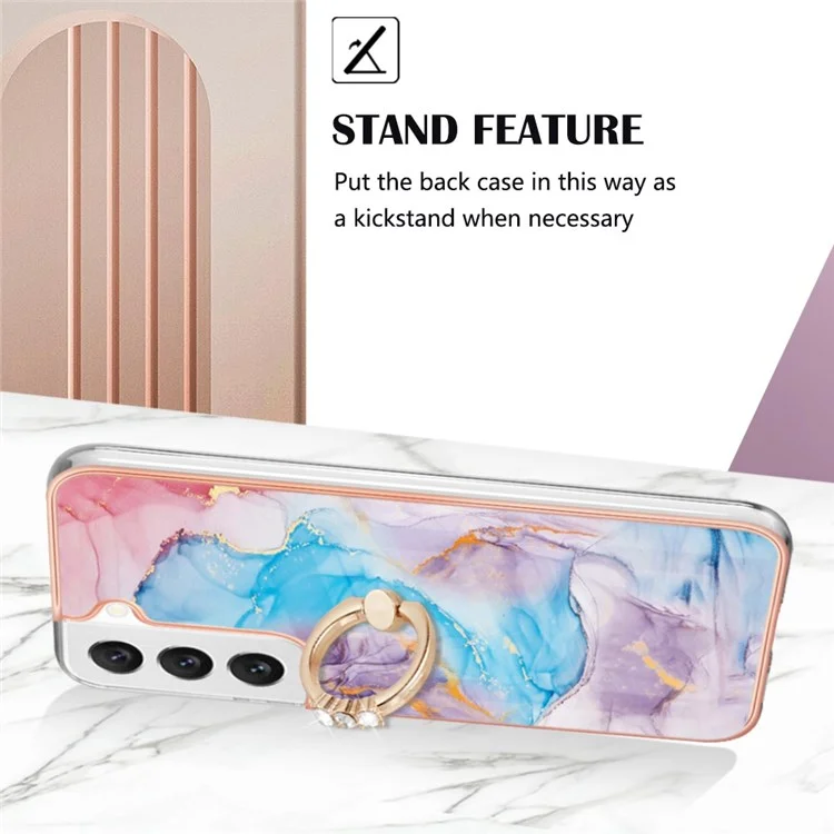 For Samsung Galaxy S22 5G Case with Ring Kickstand IMD Marble Pattern TPU Back Cover - Milky Way Marble Blue