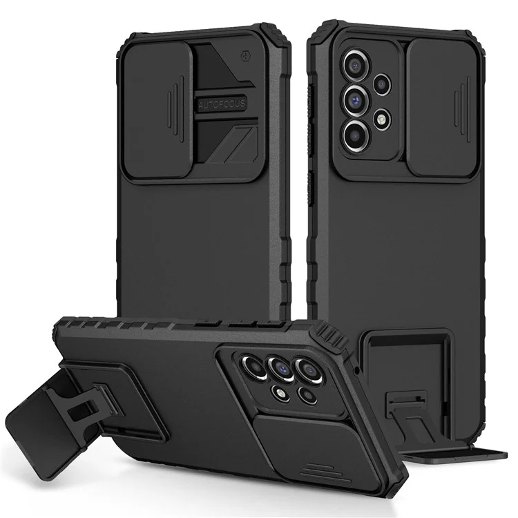 For Samsung Galaxy A33 5G Adjustable Vertical Kickstand Phone Case Anti-Drop PC + TPU Cover with Sliding Camera Protection - Black