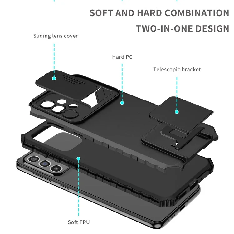 For Samsung Galaxy A33 5G Adjustable Vertical Kickstand Phone Case Anti-Drop PC + TPU Cover with Sliding Camera Protection - Black