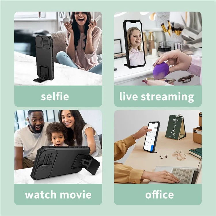 For Samsung Galaxy A33 5G Adjustable Vertical Kickstand Phone Case Anti-Drop PC + TPU Cover with Sliding Camera Protection - Black