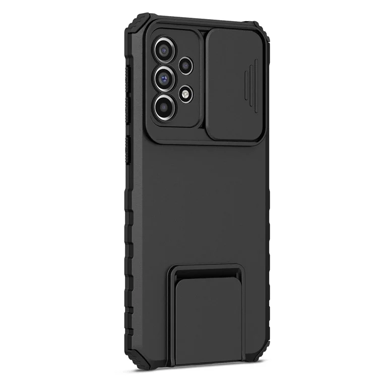 For Samsung Galaxy A33 5G Adjustable Vertical Kickstand Phone Case Anti-Drop PC + TPU Cover with Sliding Camera Protection - Black