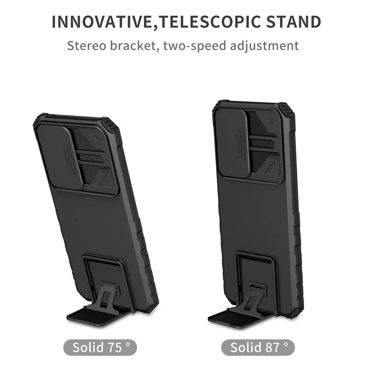 For Samsung Galaxy A33 5G Adjustable Vertical Kickstand Phone Case Anti-Drop PC + TPU Cover with Sliding Camera Protection - Black