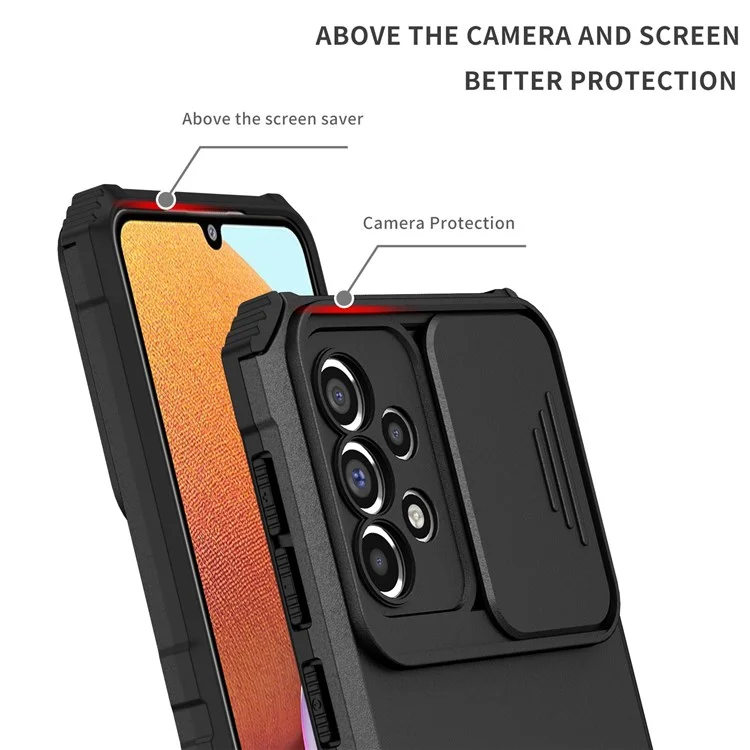 For Samsung Galaxy A33 5G Adjustable Vertical Kickstand Phone Case Anti-Drop PC + TPU Cover with Sliding Camera Protection - Black