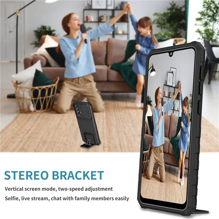 For Samsung Galaxy A33 5G Adjustable Vertical Kickstand Phone Case Anti-Drop PC + TPU Cover with Sliding Camera Protection - Black