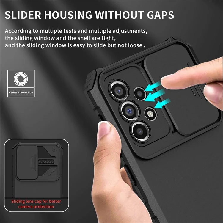 For Samsung Galaxy A33 5G Adjustable Vertical Kickstand Phone Case Anti-Drop PC + TPU Cover with Sliding Camera Protection - Black