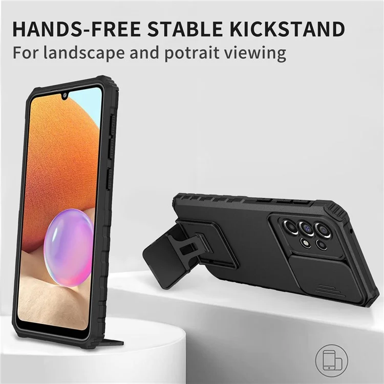 For Samsung Galaxy A33 5G Adjustable Vertical Kickstand Phone Case Anti-Drop PC + TPU Cover with Sliding Camera Protection - Black