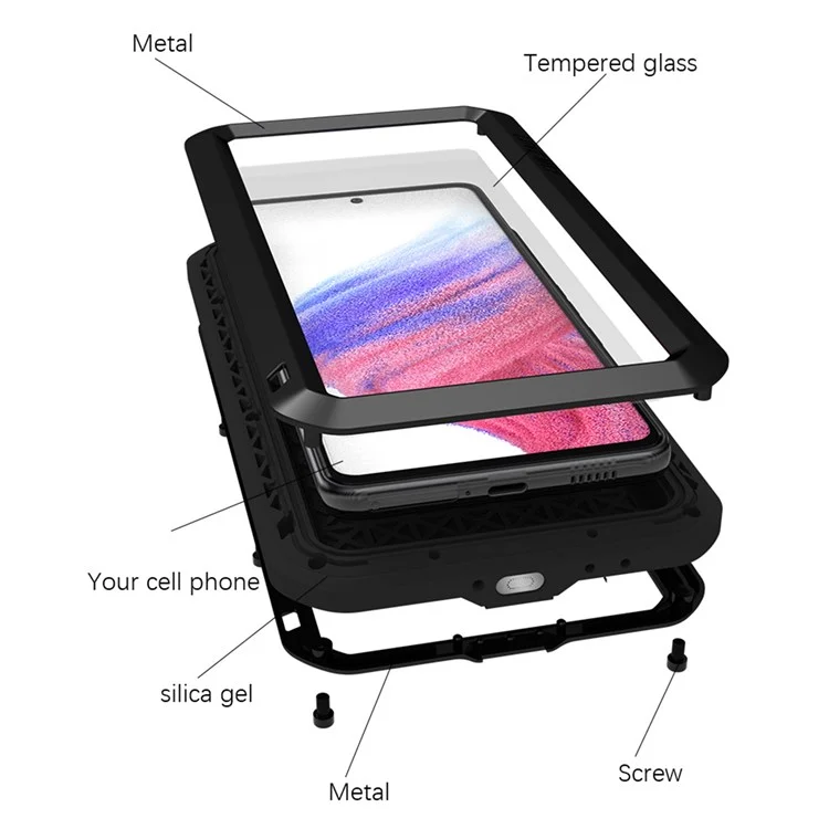LOVE MEI Metal + Silikon Hybrid Hülle für Samsung Galaxy A53 5G, stoßabsorbierend, staubdicht, mit gehärtetem Glas Displayschutz - Schwarz