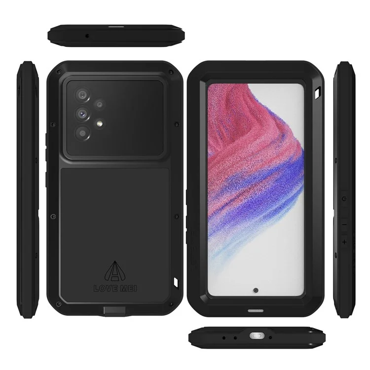 LOVE MEI Metal + Silikon Hybrid Hülle für Samsung Galaxy A53 5G, stoßabsorbierend, staubdicht, mit gehärtetem Glas Displayschutz - Schwarz