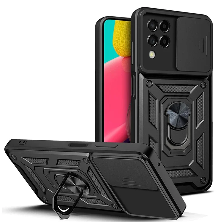 Pour Samsung Galaxy M53 5G Ring Kickstand Phone Case Soft TPU + Hard PC Hybrid Shockproof Protective Case with Camera Cover - Noir