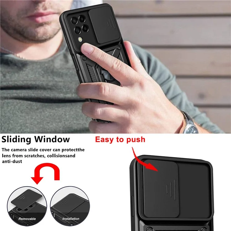 Pour Samsung Galaxy M53 5G Ring Kickstand Phone Case Soft TPU + Hard PC Hybrid Shockproof Protective Case with Camera Cover - Noir