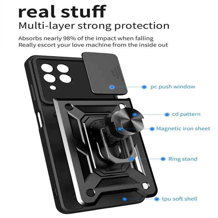 Pour Samsung Galaxy M53 5G Ring Kickstand Phone Case Soft TPU + Hard PC Hybrid Shockproof Protective Case with Camera Cover - Noir