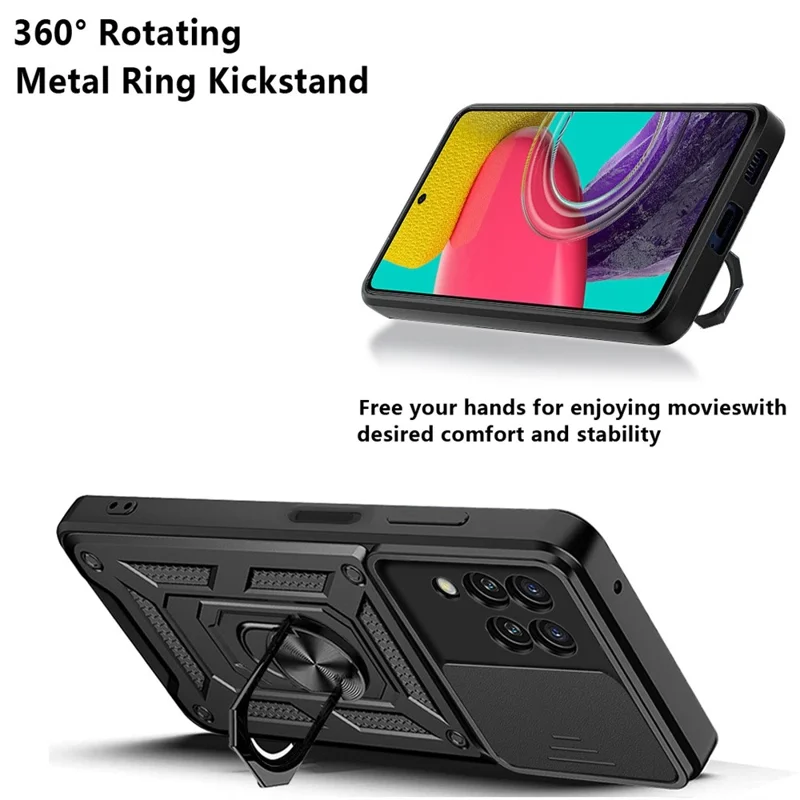 For Samsung Galaxy M53 5G Ring Kickstand Phone Case Soft TPU + Hard PC Hybrid Shockproof Protective Case with Camera Cover - Blue