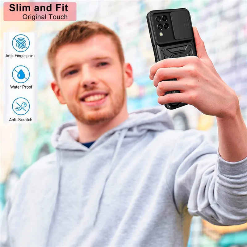 For Samsung Galaxy M53 5G Ring Kickstand Phone Case Soft TPU + Hard PC Hybrid Shockproof Protective Case with Camera Cover - Blue