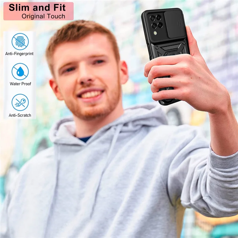 For Samsung Galaxy M53 5G Ring Kickstand Phone Case Soft TPU + Hard PC Hybrid Shockproof Protective Case with Camera Cover - Blue