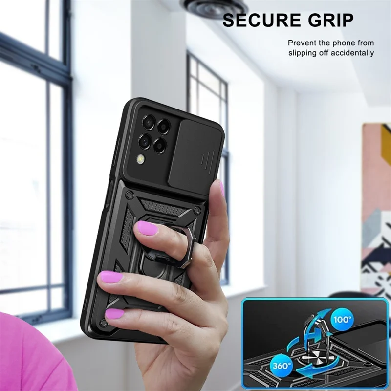 For Samsung Galaxy M53 5G Ring Kickstand Phone Case Soft TPU + Hard PC Hybrid Shockproof Protective Case with Camera Cover - Blue