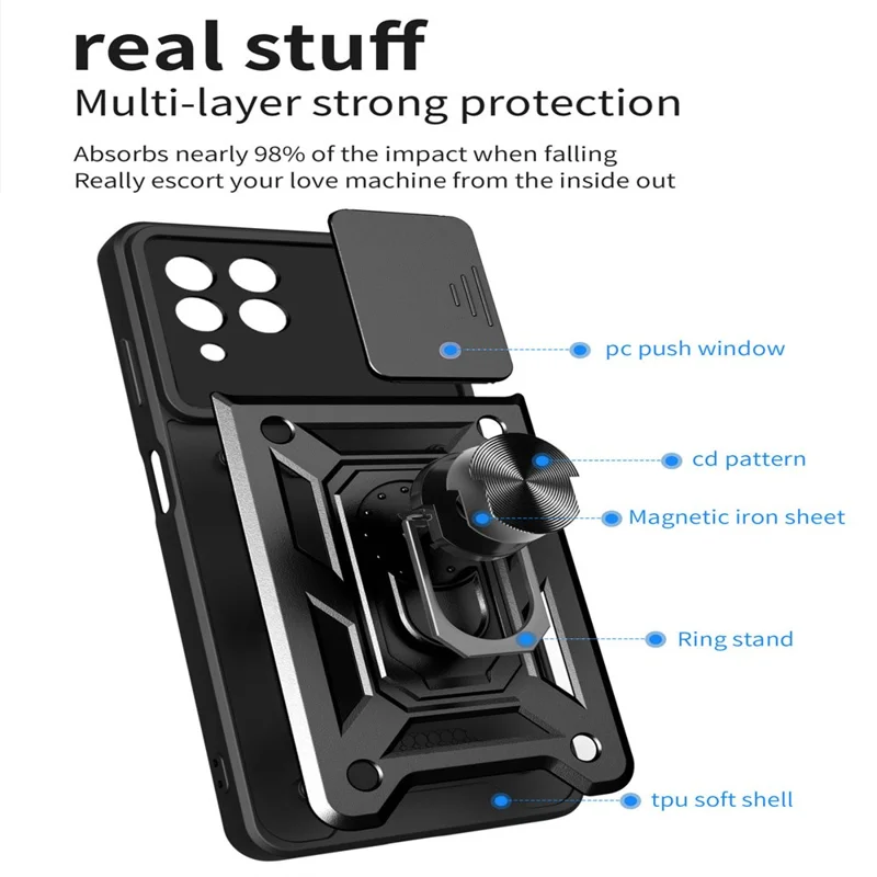 For Samsung Galaxy M53 5G Ring Kickstand Phone Case Soft TPU + Hard PC Hybrid Shockproof Protective Case with Camera Cover - Blue