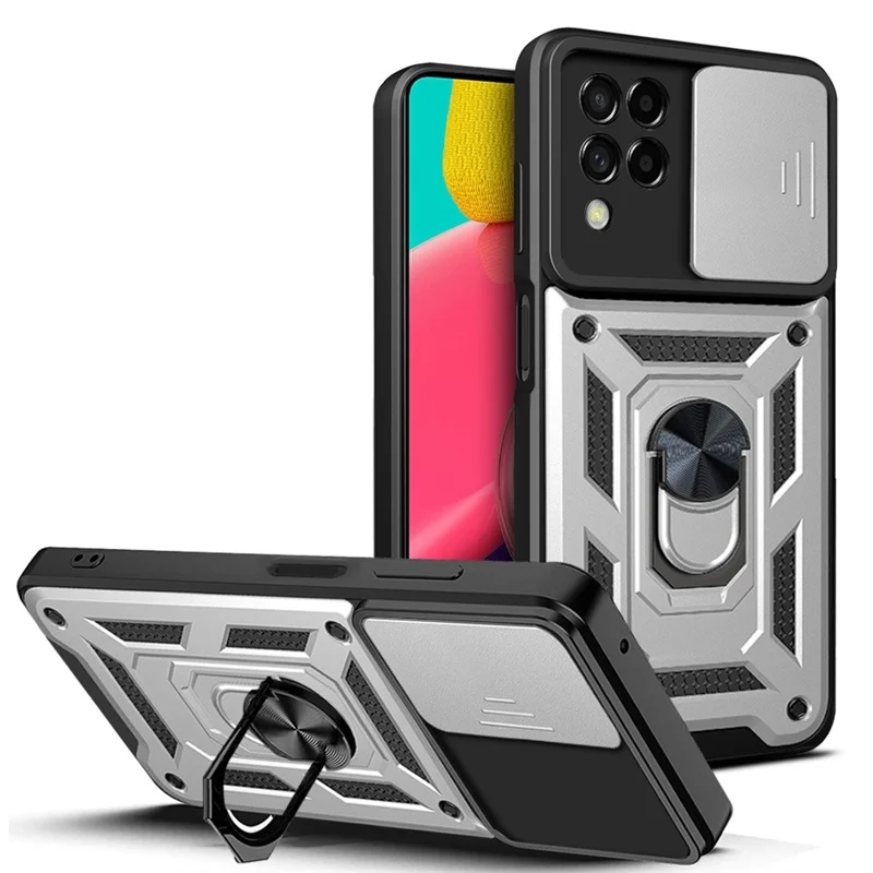 For Samsung Galaxy M53 5G Ring Kickstand Phone Case Soft TPU + Hard PC Hybrid Shockproof Protective Case with Camera Cover - Blue