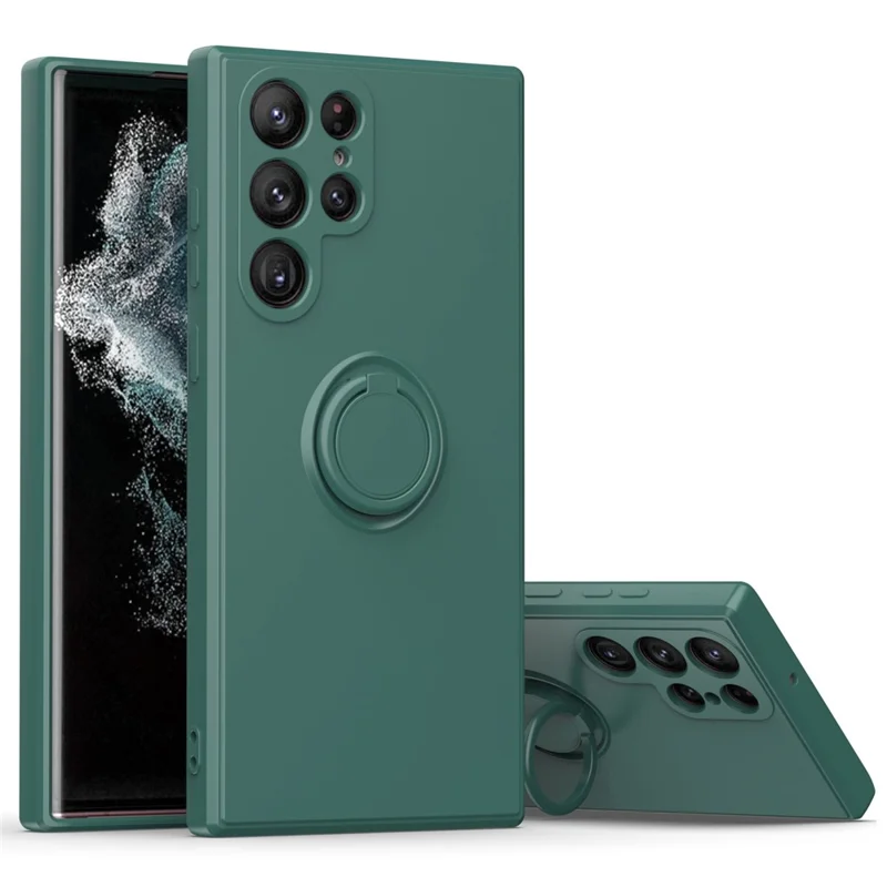 For Samsung Galaxy S22 Ultra 5G Scratch-resistant TPU Rubberized Cell Phone Case Protector with Ring Kickstand - Army Green