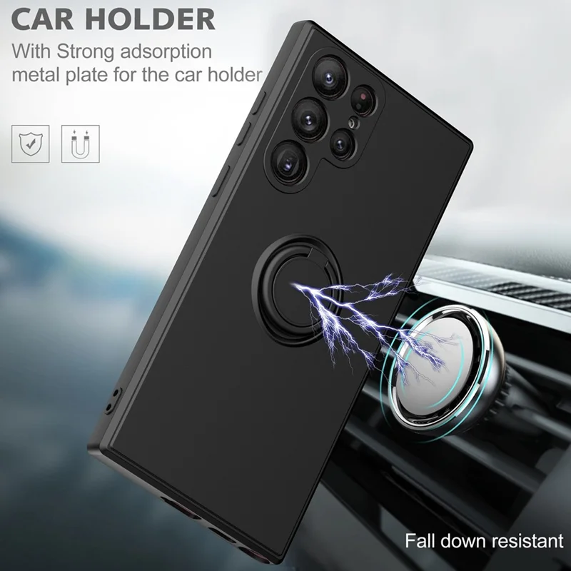 For Samsung Galaxy S22 Ultra 5G Scratch-resistant TPU Rubberized Cell Phone Case Protector with Ring Kickstand - Army Green