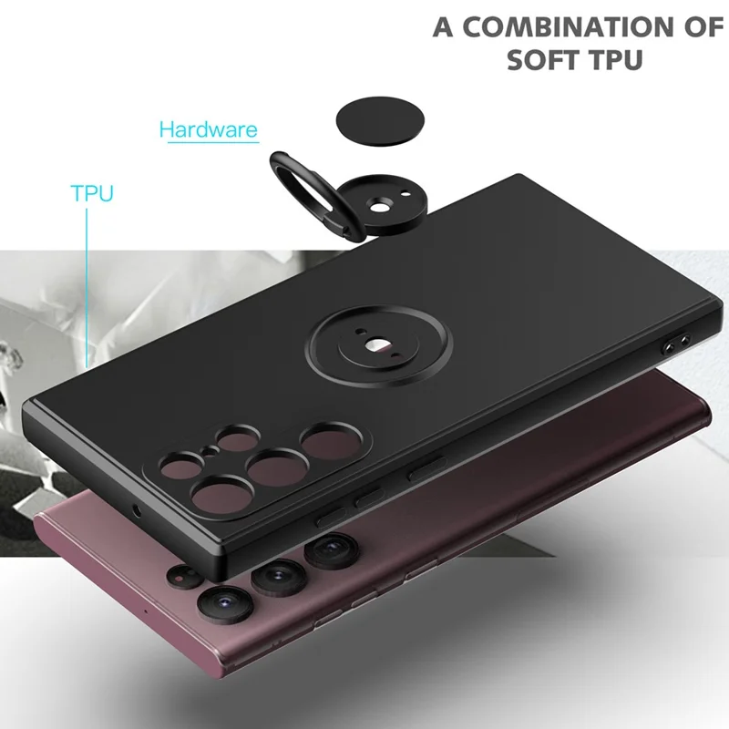 For Samsung Galaxy S22 Ultra 5G Scratch-resistant TPU Rubberized Cell Phone Case Protector with Ring Kickstand - Army Green