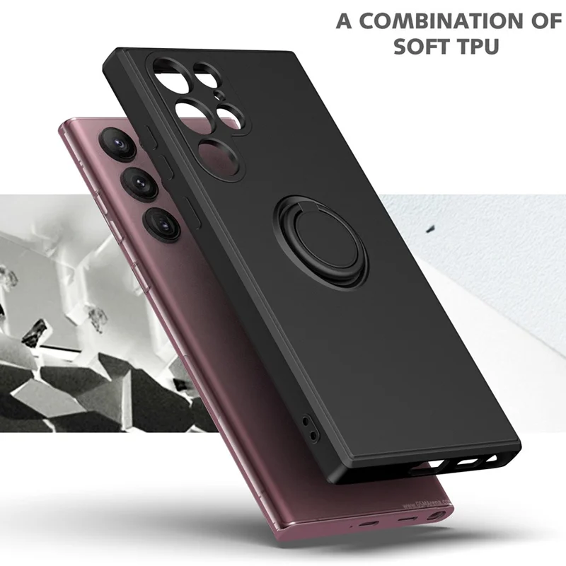 For Samsung Galaxy S22 Ultra 5G Scratch-resistant TPU Rubberized Cell Phone Case Protector with Ring Kickstand - Army Green