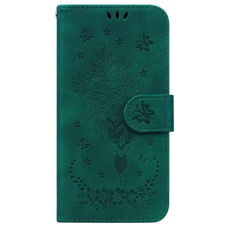 For Samsung Galaxy A23 5G (Global Version) / 4G Anti-drop Phone Cover Imprinting Roses Butterflies Pattern Leather Case Impact-resistant Wallet Stand - Green